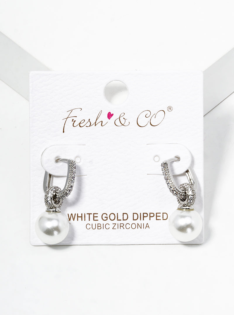 White Gold Dipped Glass Pearl Drop CZ Pave Huggie Hoop Earrings