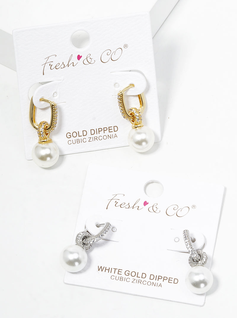 White Gold Dipped Glass Pearl Drop CZ Pave Huggie Hoop Earrings
