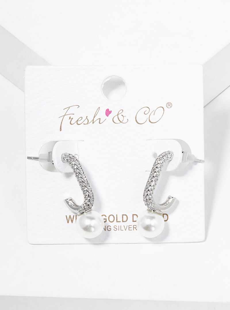 White Gold Dipped Glass Pearl Drop CZ Pave Open Hoop Earrings