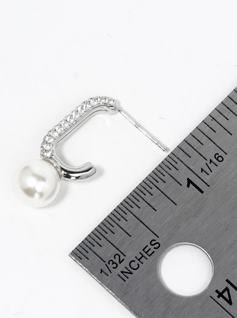 White Gold Dipped Glass Pearl Drop CZ Pave Open Hoop Earrings