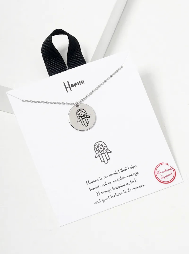 White Gold Dipped Hamsa Engraved Round Disc Pendant Necklace