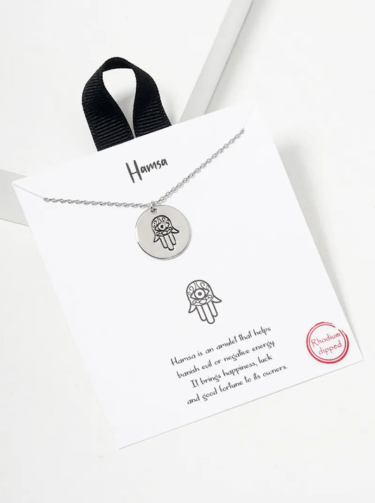 White Gold Dipped Hamsa Engraved Round Disc Pendant Necklace