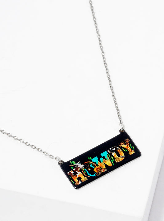 White Gold Dipped Howdy Printed Rectangle Pendant Necklace