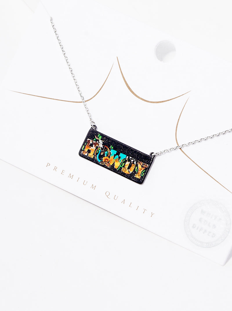 White Gold Dipped Howdy Printed Rectangle Pendant Necklace