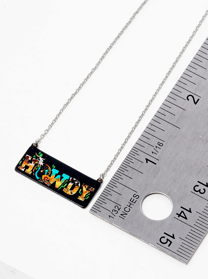 White Gold Dipped Howdy Printed Rectangle Pendant Necklace