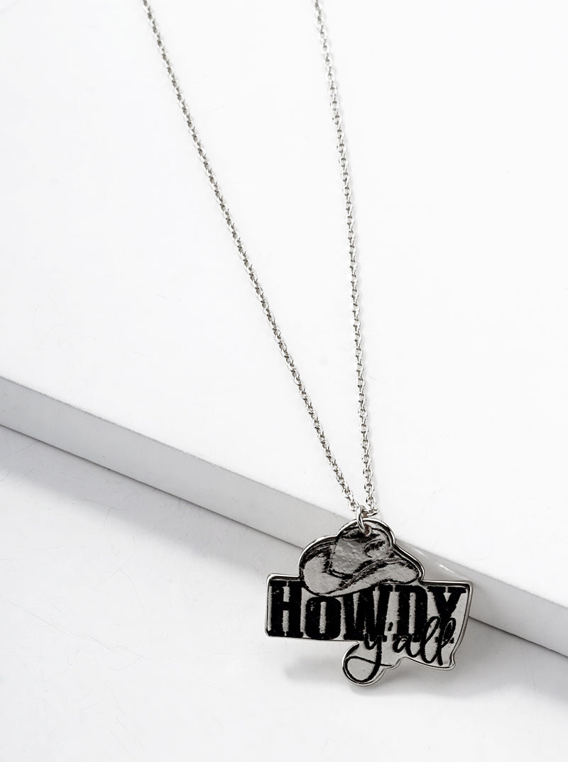 White Gold Dipped Howdy Yall Pendant Necklace