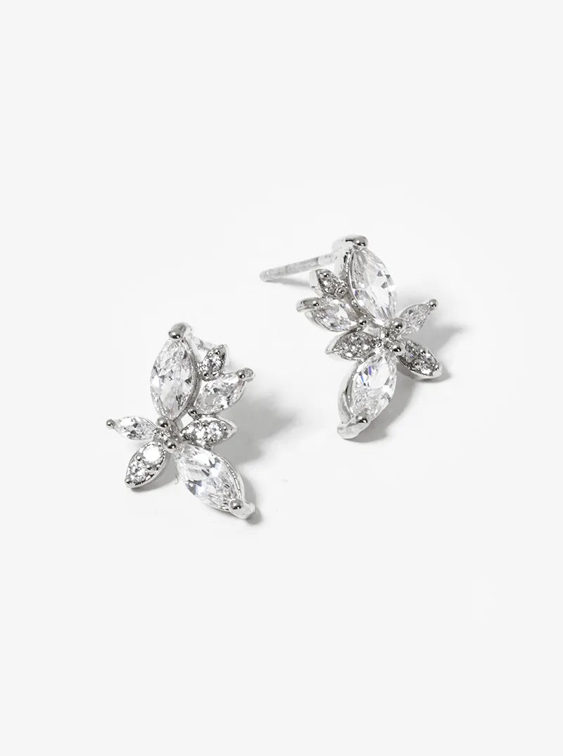 White Gold Dipped Marquise CZ Stone Cluster Post Stud Earrings