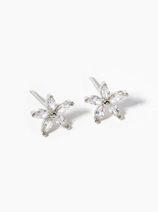 White Gold Dipped Marquise Shape CZ Stone Flower Post Stud Earrings