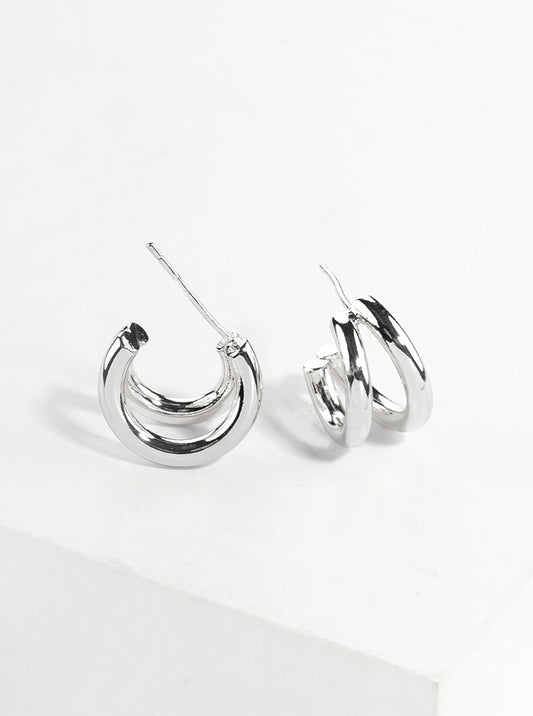 White Gold Dipped Metal 15mm Double Open Hoop Earrings