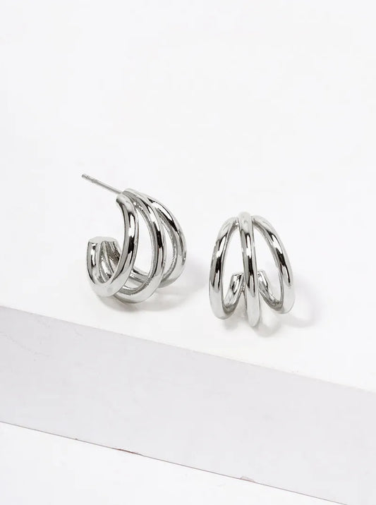 White Gold Dipped Metal 15mm Triple Open Hoop Earrings