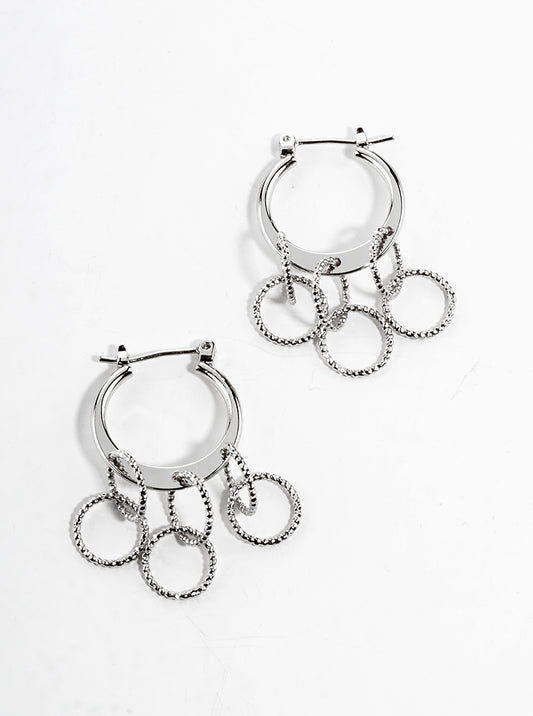 White Gold Dipped Metal Hinged Hoop Earrings With Textured Multi Circle Drop