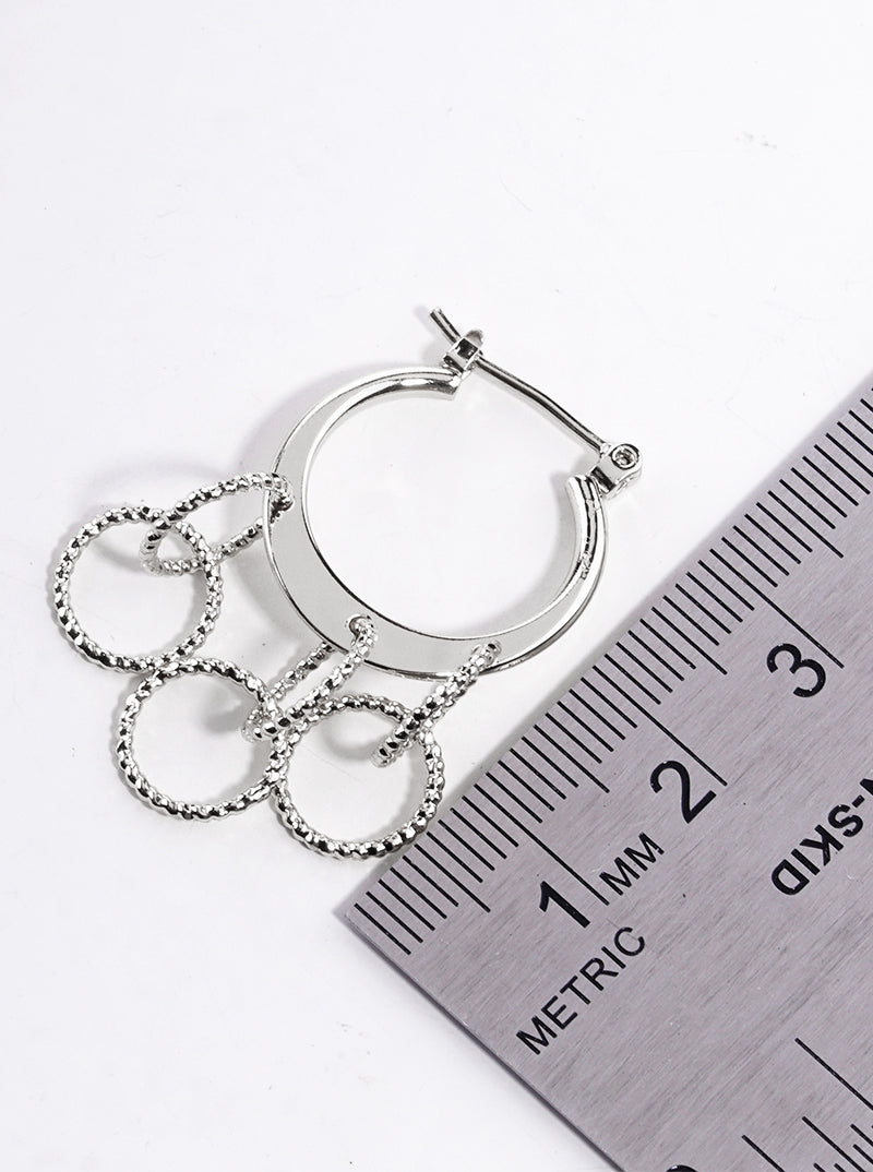 White Gold Dipped Metal Hinged Hoop Earrings With Textured Multi Circle Drop