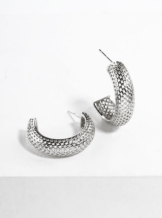 White Gold Dipped Metal Mesh 25mm Open Hoop Earrings
