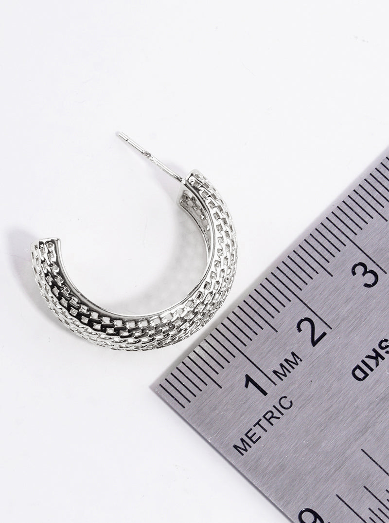 White Gold Dipped Metal Mesh 25mm Open Hoop Earrings