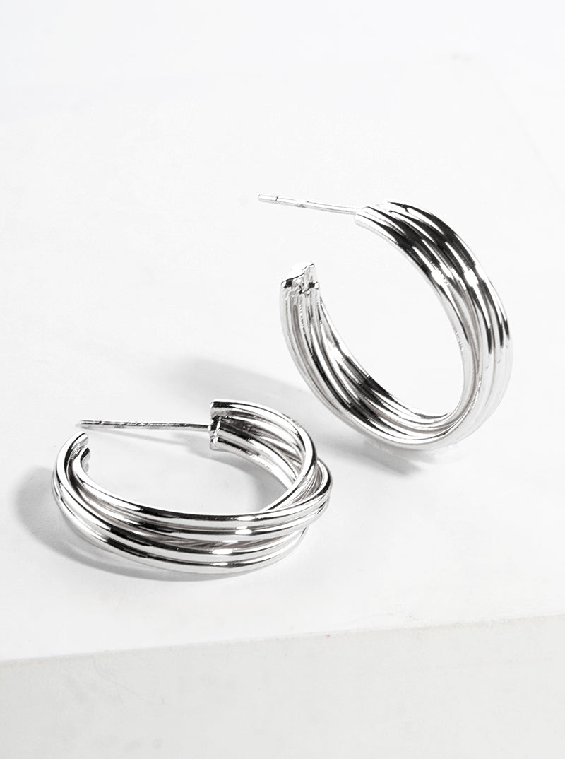 White Gold Dipped Metal Multi Strand 25mm Open Hoop Earrings
