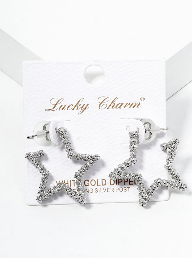 White Gold Dipped Metal Star Shape Open Hoop Earrings