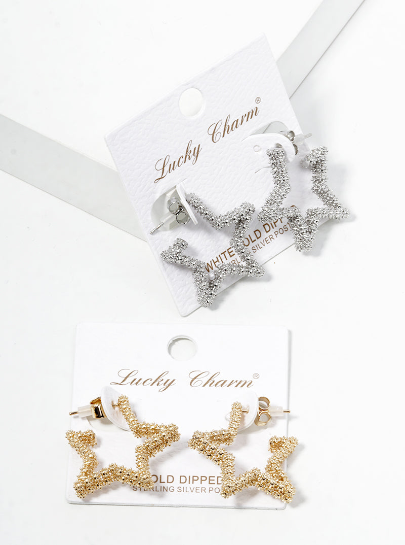 White Gold Dipped Metal Star Shape Open Hoop Earrings
