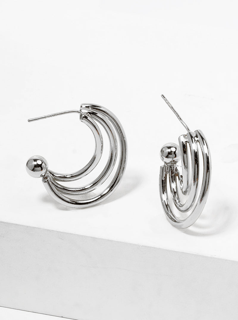 White Gold Dipped Metal Tri Layered Open Hoop Earrings