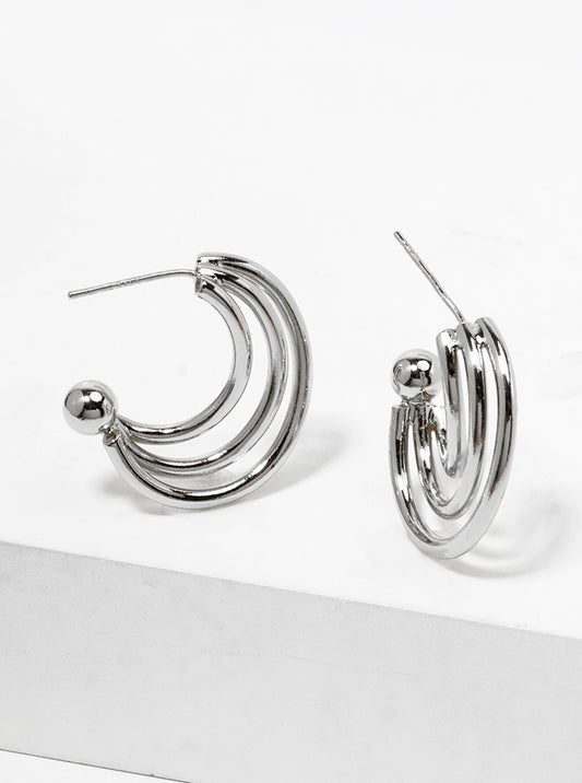 White Gold Dipped Metal Tri Layered Open Hoop Earrings