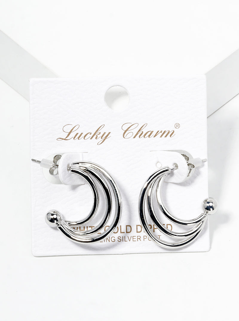 White Gold Dipped Metal Tri Layered Open Hoop Earrings