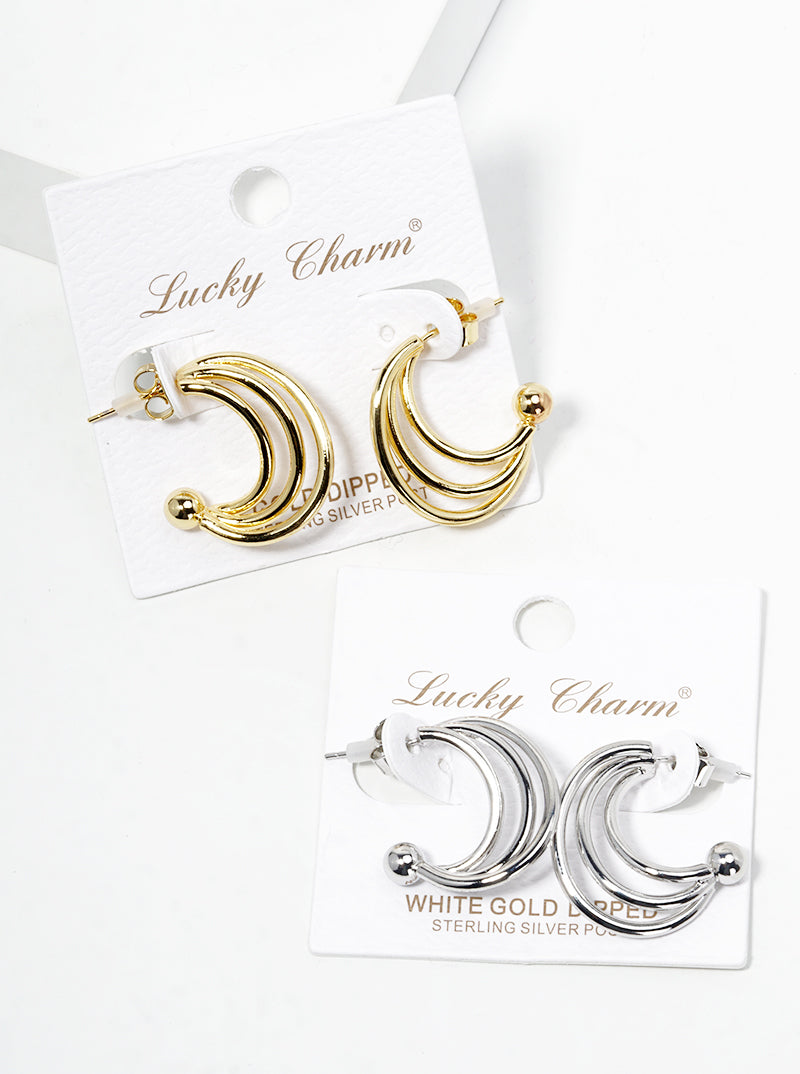White Gold Dipped Metal Tri Layered Open Hoop Earrings