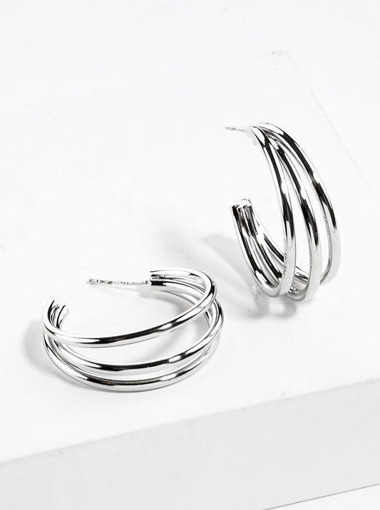 White Gold Dipped Textured Metal Layered 30mm Leverback Hoop Earrings