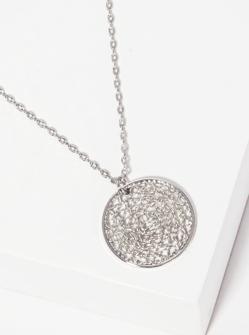 White Gold Dipped Netted Disc Pendant Necklace