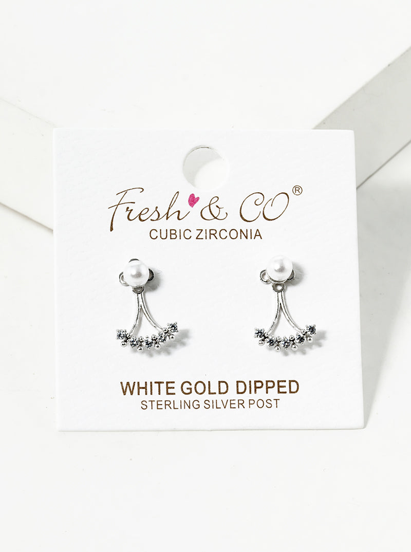 18K-Gold-Dipped Pearl CZ Pave Bar Post Stud Earrings