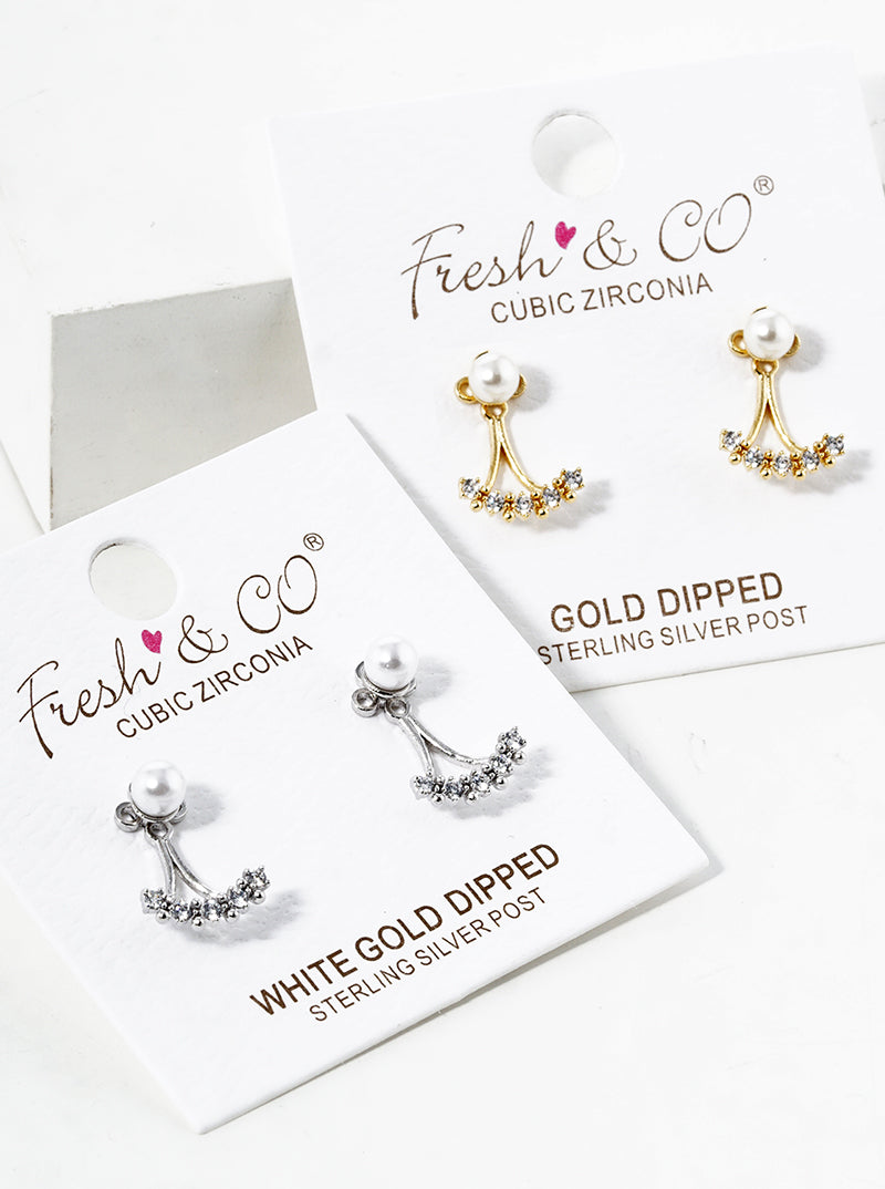 18K-Gold-Dipped Pearl CZ Pave Bar Post Stud Earrings