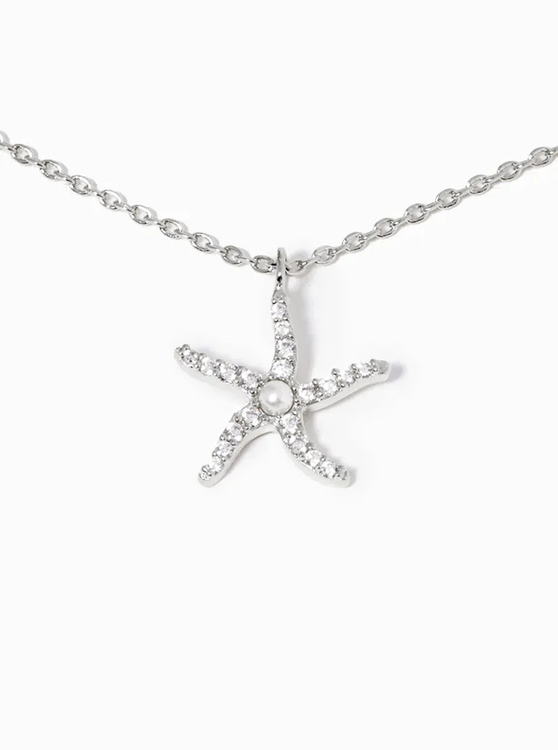 White Gold Dipped Pearl CZ Pave Starfish Pendant Necklace