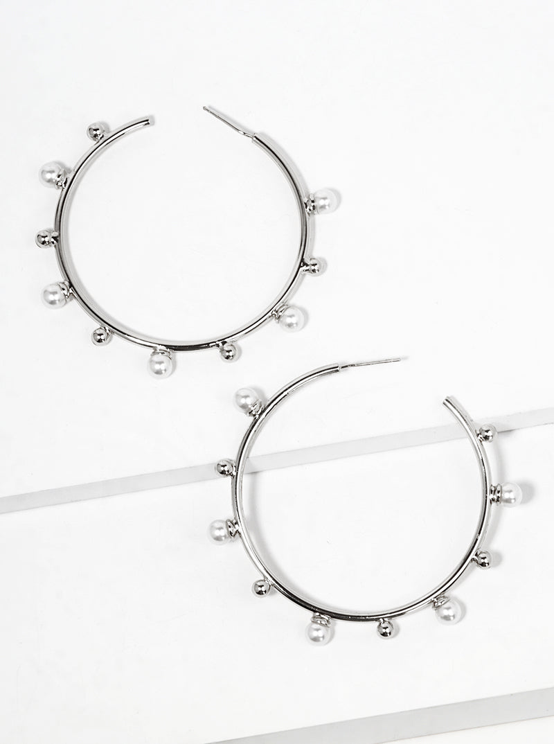 White Gold Dipped Pearl Beaded 50mm Satellite Open Hoop Earrings