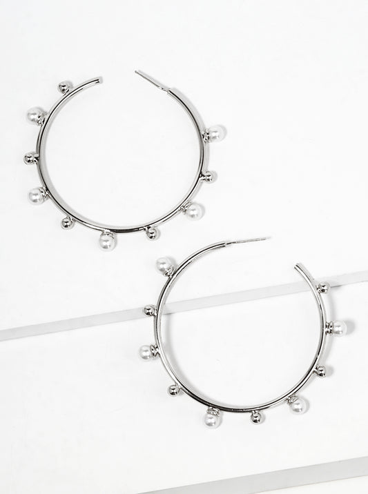 White Gold Dipped Pearl Beaded 50mm Satellite Open Hoop Earrings