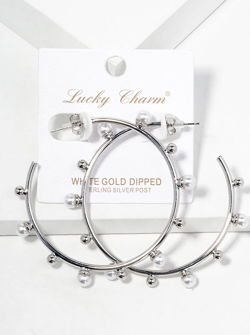 White Gold Dipped Pearl Beaded 50mm Satellite Open Hoop Earrings