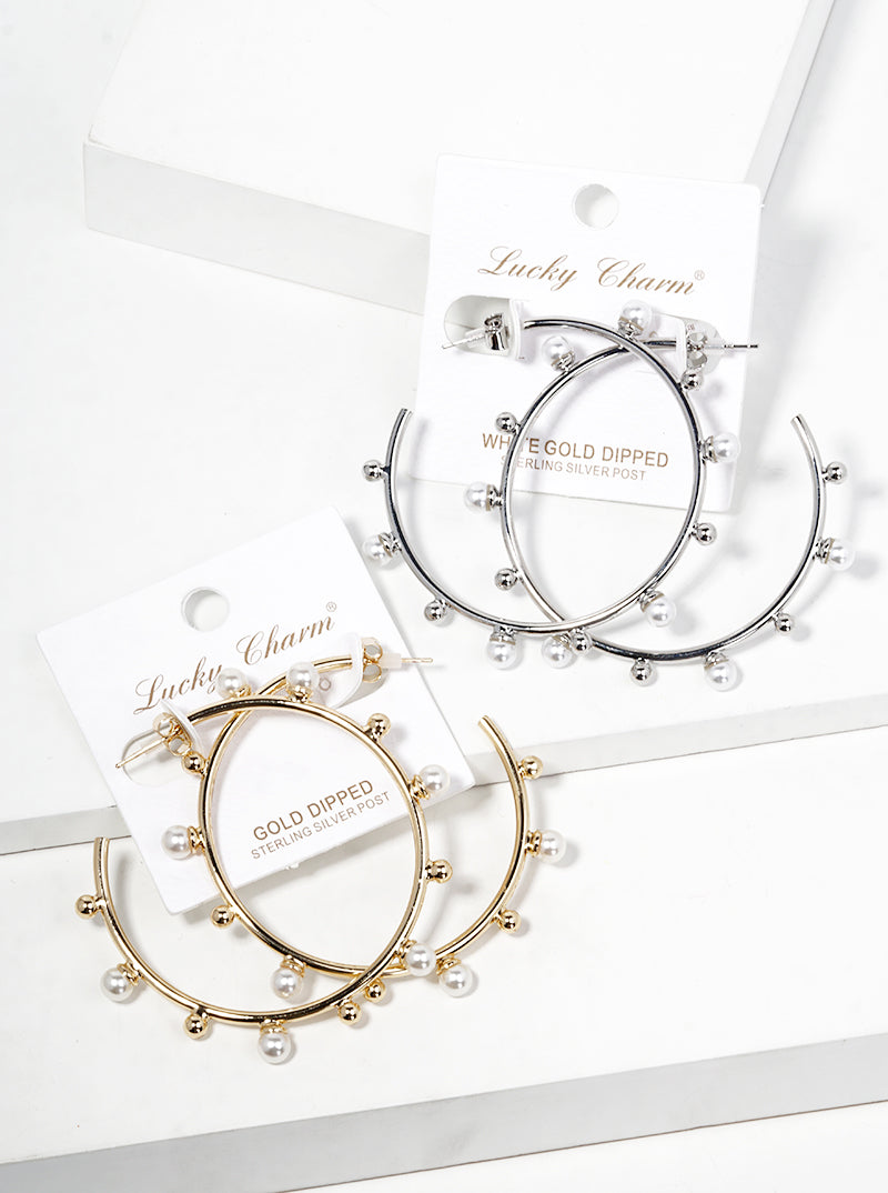 White Gold Dipped Pearl Beaded 50mm Satellite Open Hoop Earrings