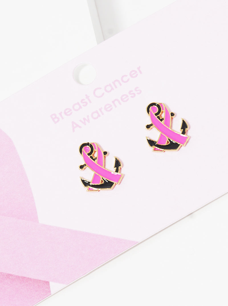 White Gold Dipped Pink Ribbon Post Stud Earrings