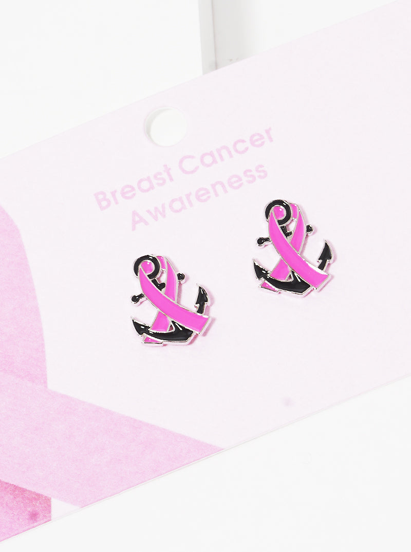 White Gold Dipped Pink Ribbon Post Stud Earrings