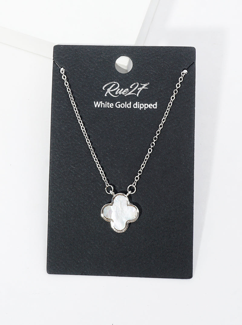 White Gold Dipped Quatrefoil Shape Mother Of Pearl Pendant Necklace