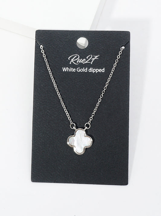 White Gold Dipped Quatrefoil Shape Mother Of Pearl Pendant Necklace