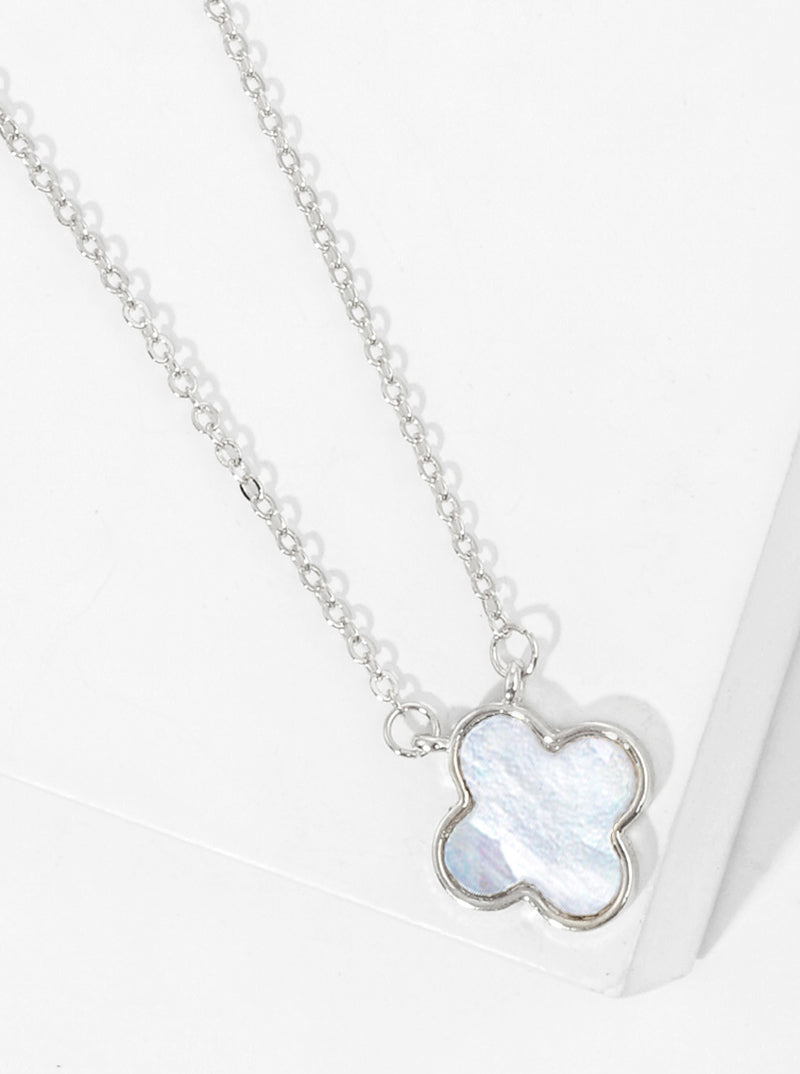 White Gold Dipped Quatrefoil Shape Mother Of Pearl Pendant Necklace