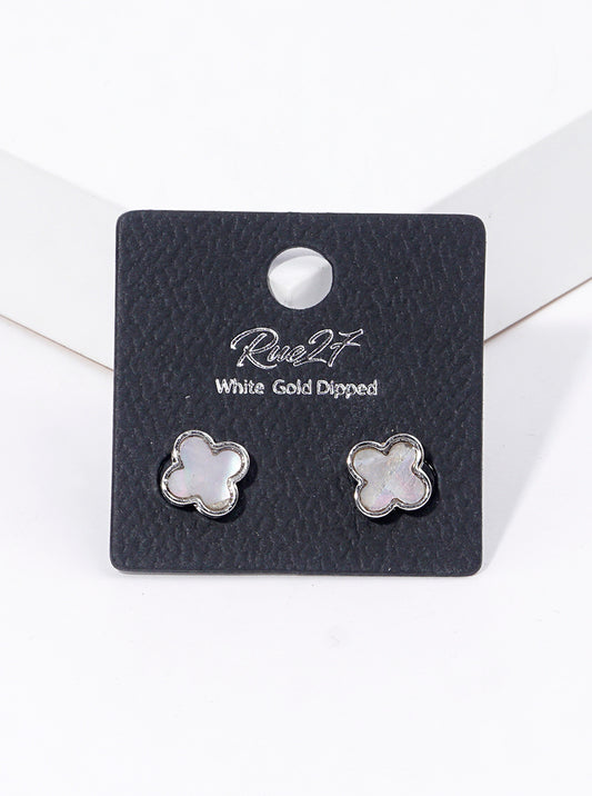 White Gold Dipped Quatrefoil Shape Mother Of Pearl Post Stud Earrings