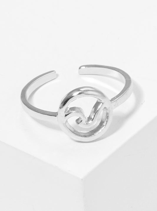 White Gold Dipped Round Ocean Wave Adjustable Brass Cuff Ring
