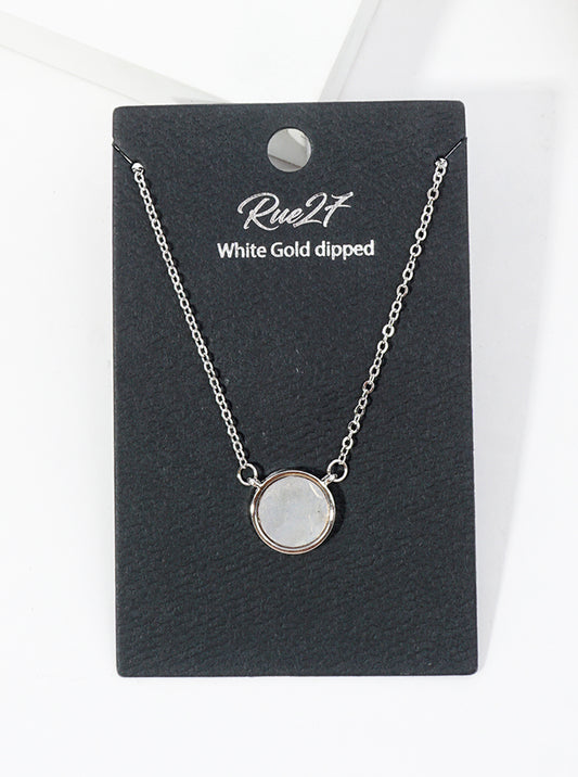 White Gold Dipped Round Shape Mother Of Pearl Pendant Necklace