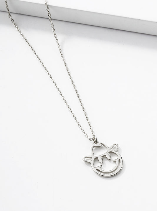 White Gold Dipped Smiley Face Cowboy Pendant Necklace