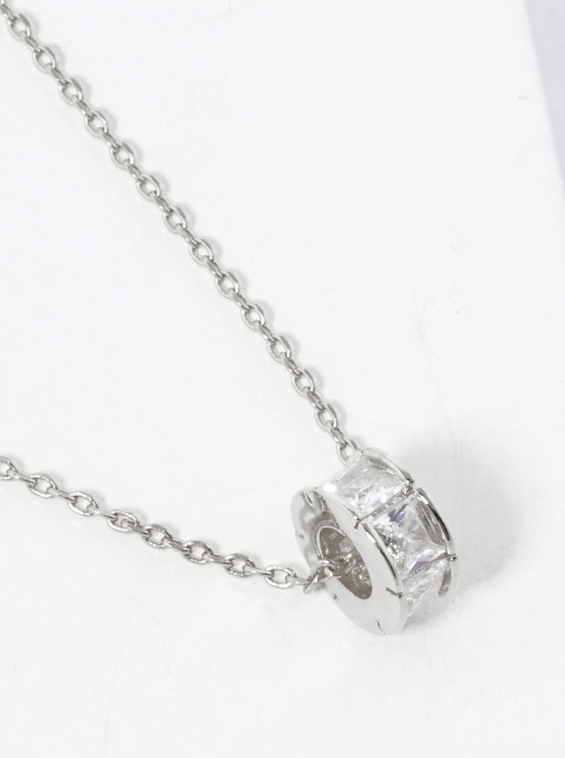 White Gold Dipped Square CZ Wheel Shape Pendant Delicate Necklace