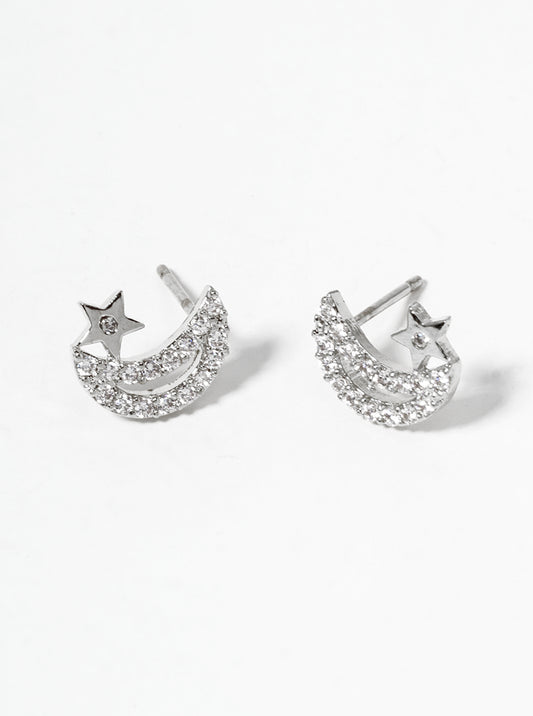 White Gold Dipped Symmetrical CZ Pave Crescent Moon And Star Post Stud Earrings