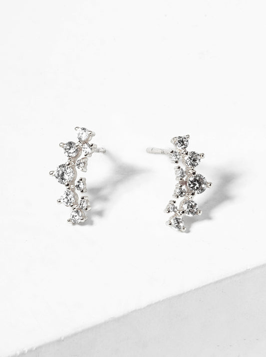 White Gold Dipped Symmetrical CZ Pave Double Curved Bar Post Stud Earrings