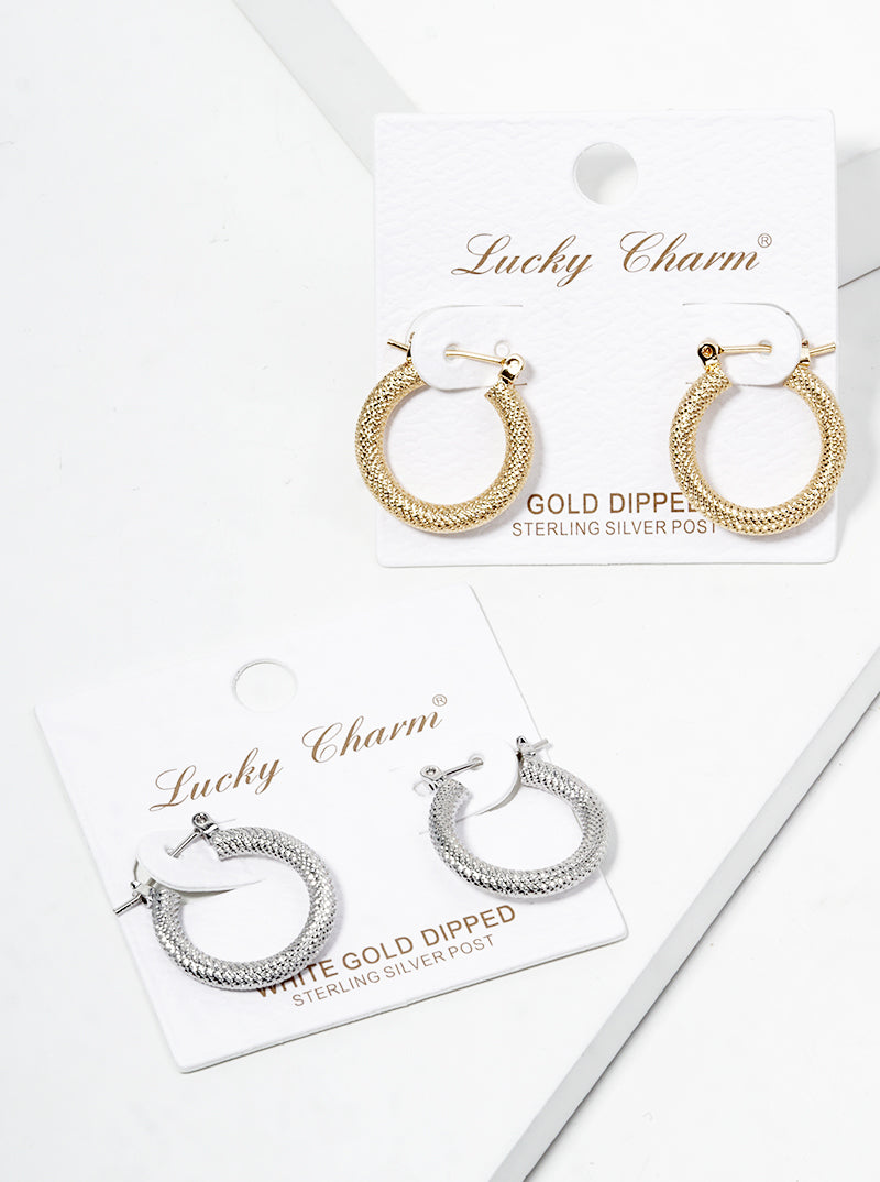 White Gold Dipped Textured Bold 20mm Leverback Hoop Earrings