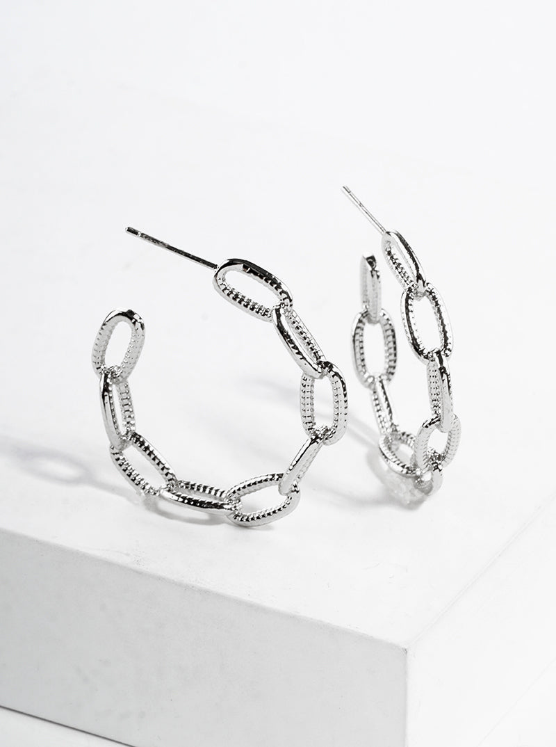 White Gold Dipped Textured Chain 30mm Open Hoop Earrings