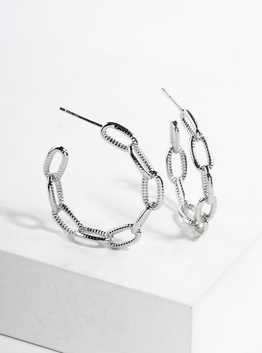 White Gold Dipped Textured Chain 30mm Open Hoop Earrings