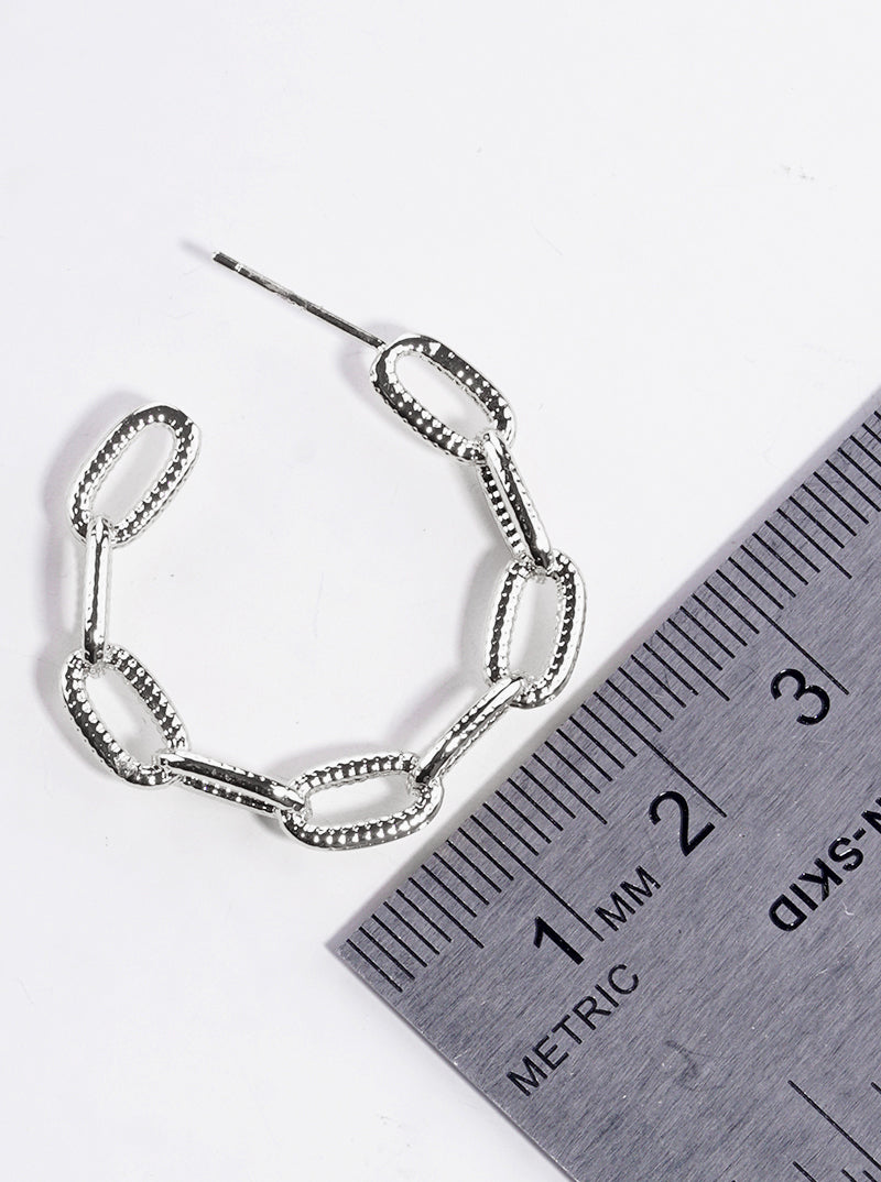 White Gold Dipped Textured Chain 30mm Open Hoop Earrings